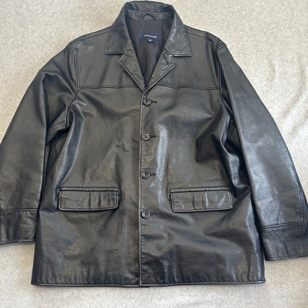 Structure Leather Jacket Mens Extra Large Black Button Up Flap Pocket‎ Coat